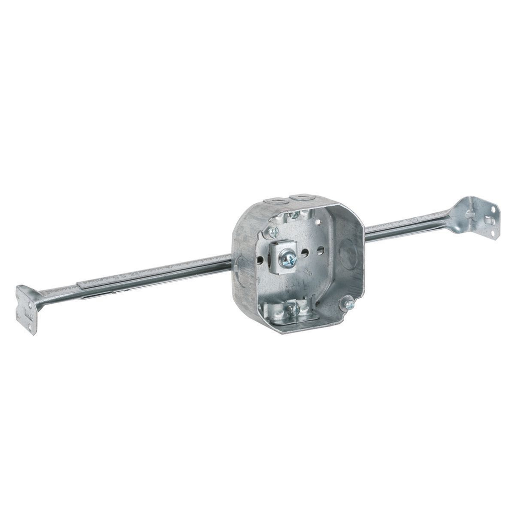 4 in. Octagon Box, Drawn, 1-1/2 in. Deep, Two 1/2 in. KO's & NMSC Clamps, Bar Hanger