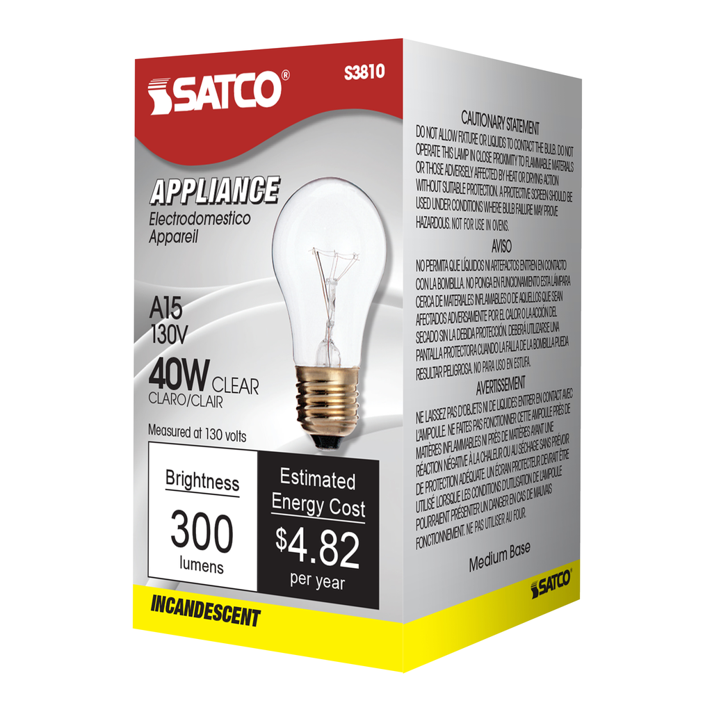 40 Watt A15 Incandescent; Clear; Appliance Lamp; 2500 Average rated hours; 300/225 Lumens; Medium base; 130/120 Volt