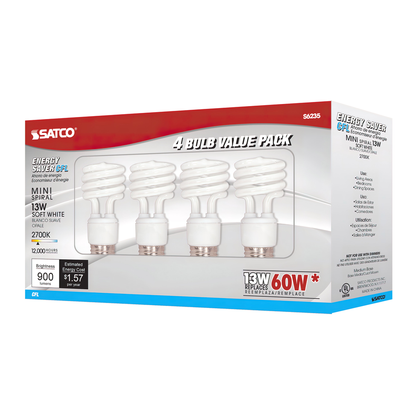 13 Watt; Mini Spiral Compact Fluorescent; 2700K; 82 CRI; Medium base; 120 Volt; 4-pack