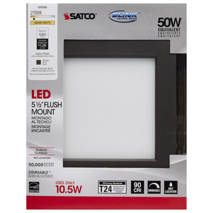10.5 watt; 5.5" Flush Mount LED Fixture; 2700K; Square Shape; Bronze Finish; 120 volts