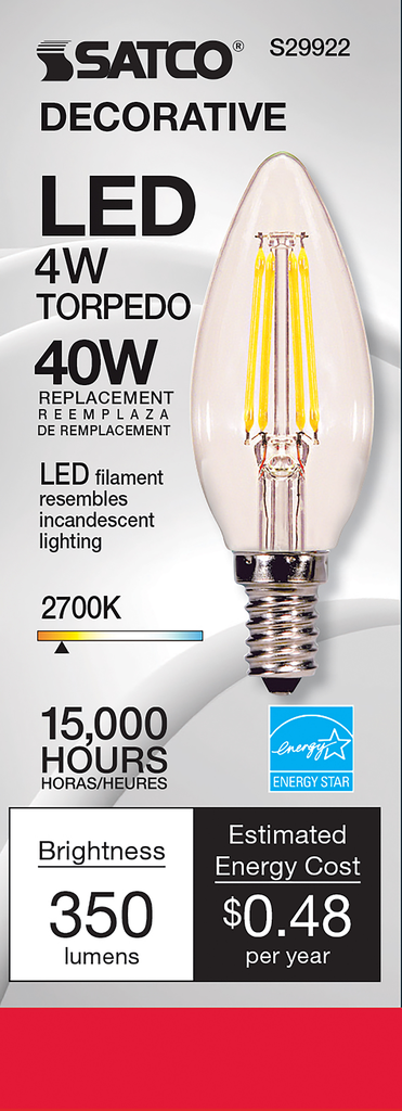4 Watt B11 LED; Clear; Candelabra base; 2700K; 350 Lumens; 120 Volt