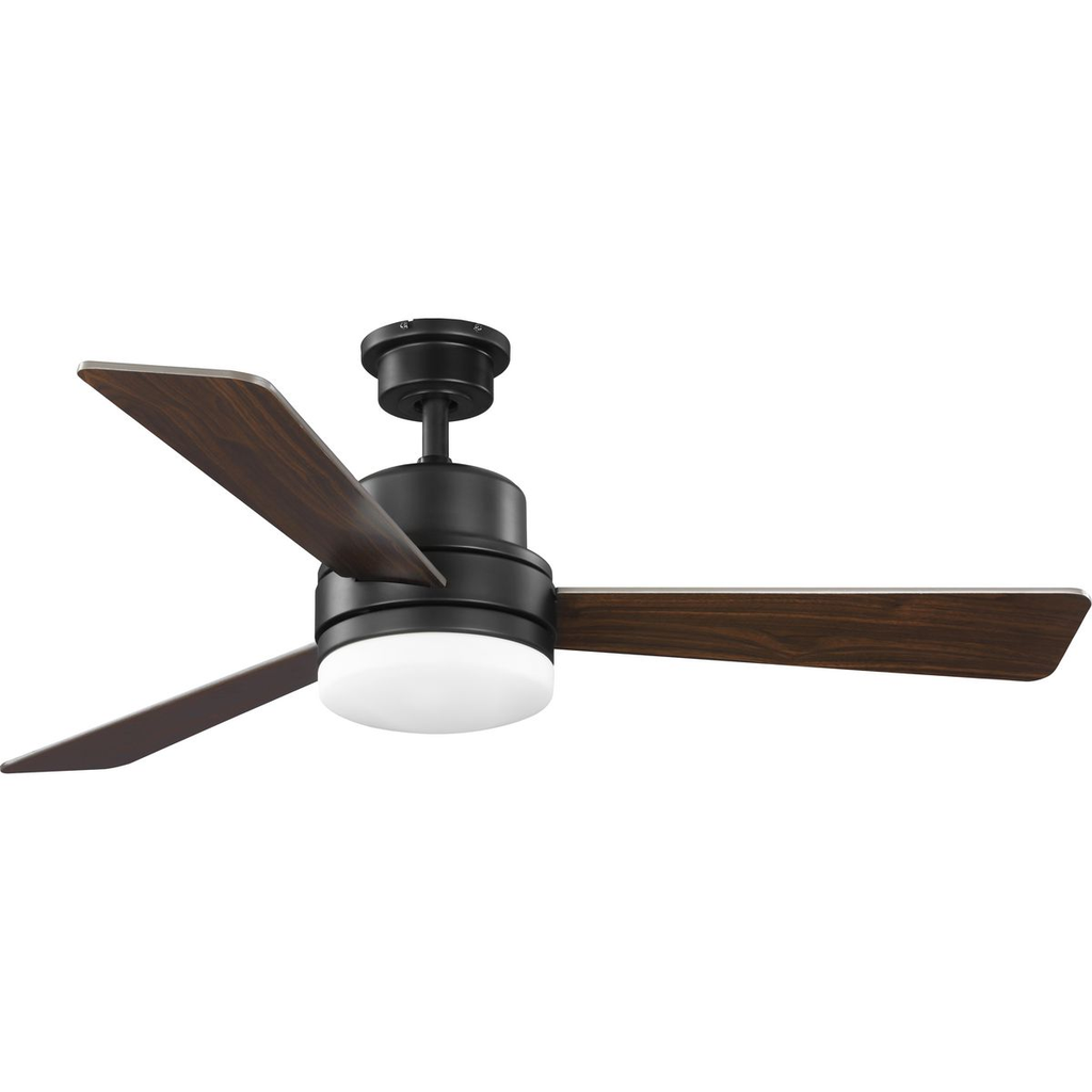 Architectural bronze 52" 3-blade ceiling fan with white opal shades.