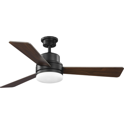 Architectural bronze 52" 3-blade ceiling fan with white opal shades.
