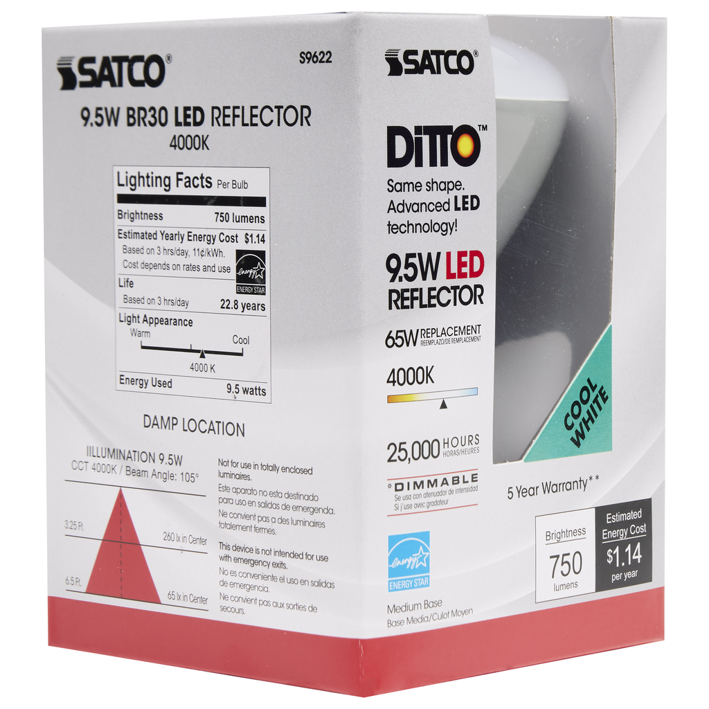 9.5 Watt; BR30 LED; 105 deg. Beam Angle; 4000K; Medium base; 120 Volt; Dimmable