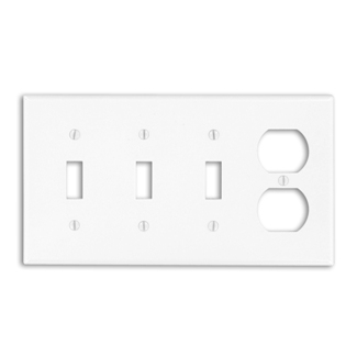 4-Gang Combination Wallplate, 3-Toggle and 1-Duplex Outlet/Receptacle, Standard Size, White