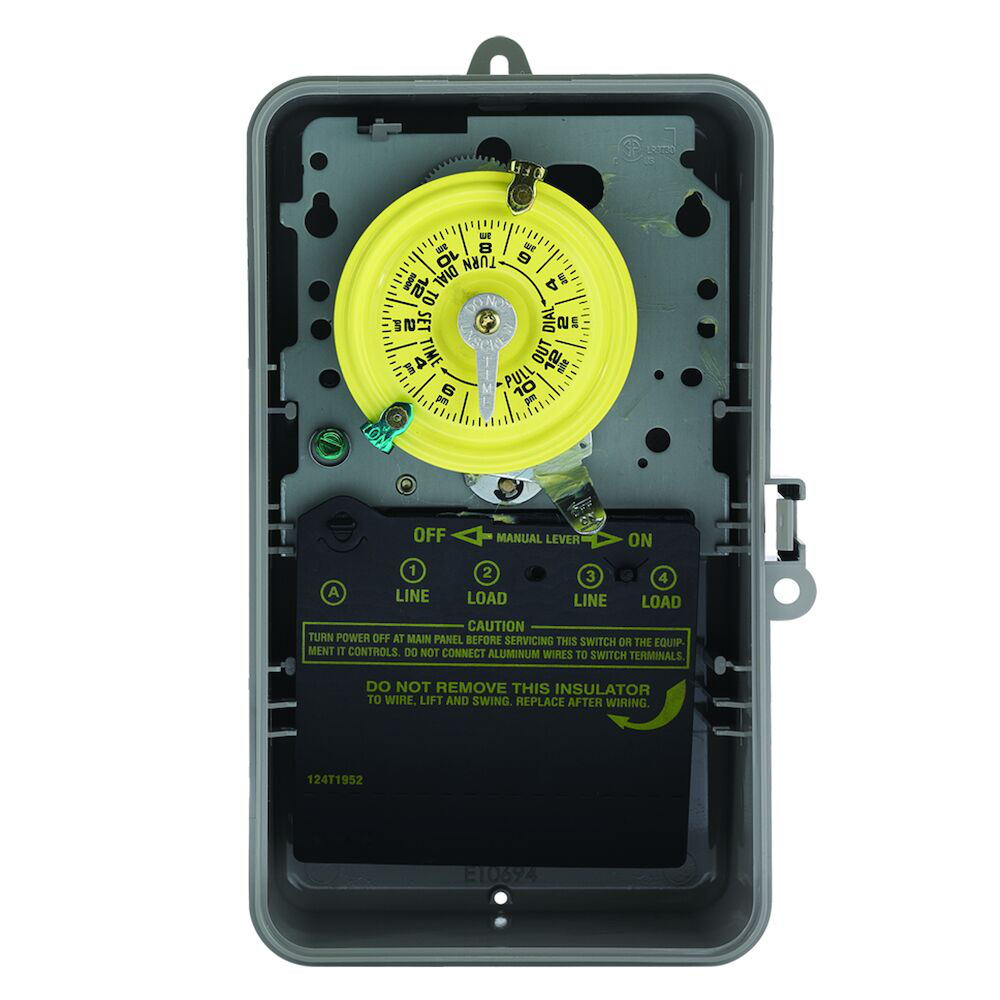 24-Hour Mechanical Time Switch, 120 VAC, 60Hz, DPST, Indoor/Outdoor Plastic Enclosure, 1 Hour Interval