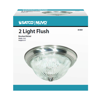 2 Light - 13" - Flush Mount - Clear Ribbed Glass, Color retail packaging