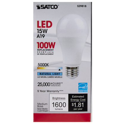 15 Watt; A19 LED; Frosted; 5000K; Medium base; 220 deg. Beam Angle; 120 Volt