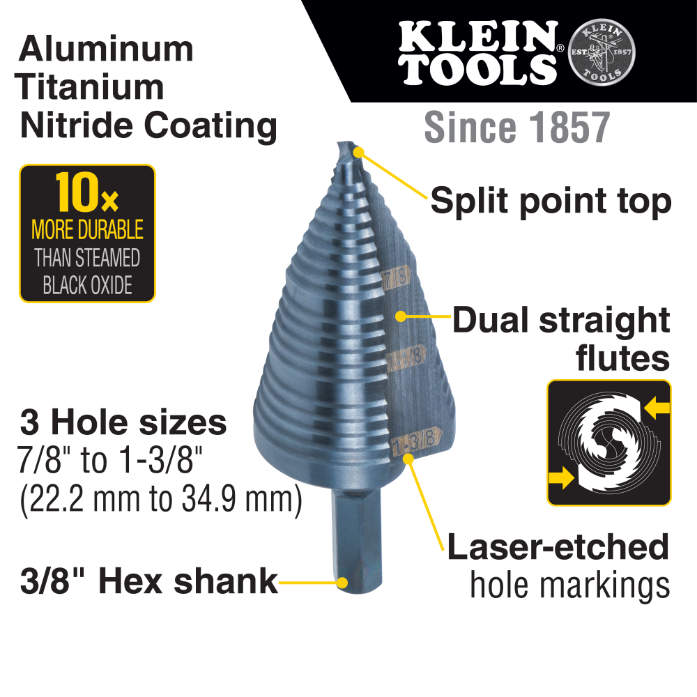 3-Step Drill Bit, 3/8-Inch Hex, Double Straight Flute, 7/8-Inch to 1-3/8-Inch