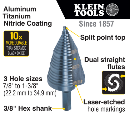 3-Step Drill Bit, 3/8-Inch Hex, Double Straight Flute, 7/8-Inch to 1-3/8-Inch