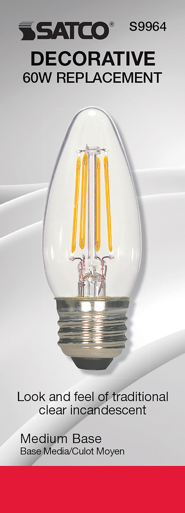 5.5 Watt B11 LED; Clear; Medium base; 2700K; 500 Lumens; 120 Volt