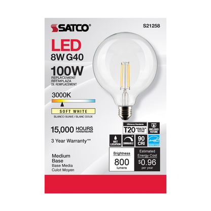8 Watt G40 LED; Clear; Medium base; 90 CRI; 3000K; 120 Volt
