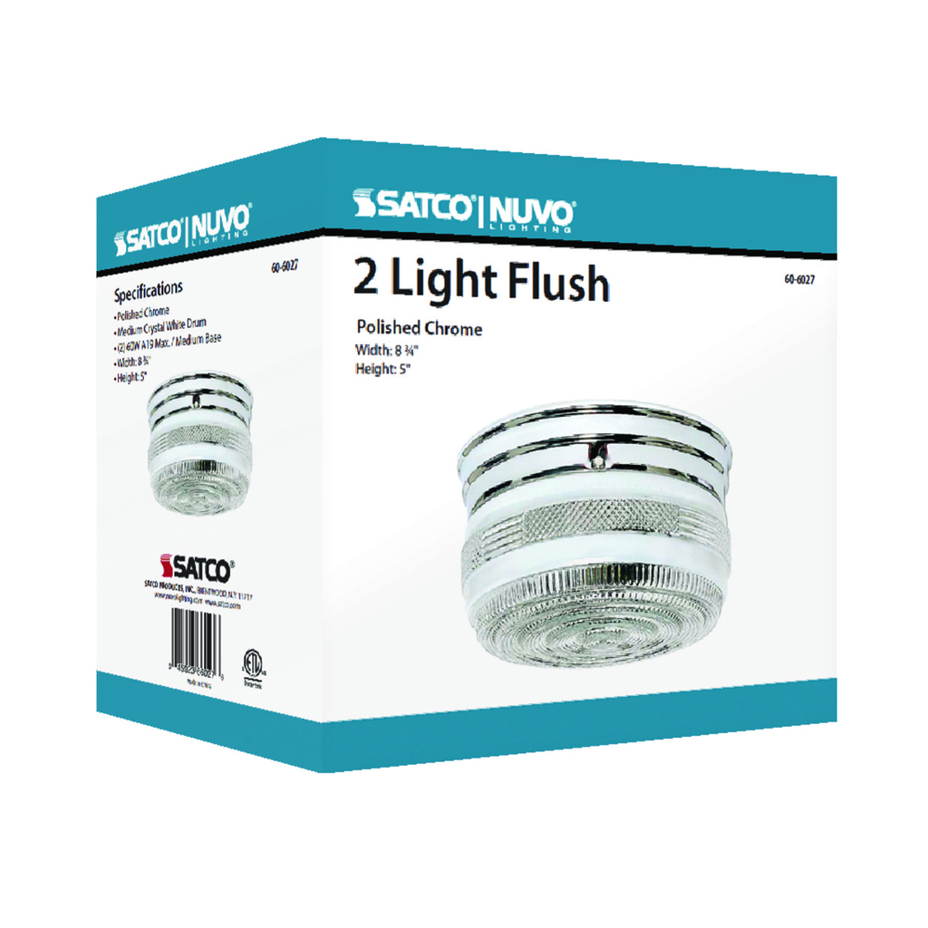 2 Light - 8" - Flush Mount - Medium Crystal / White Drum, Color retail packaging