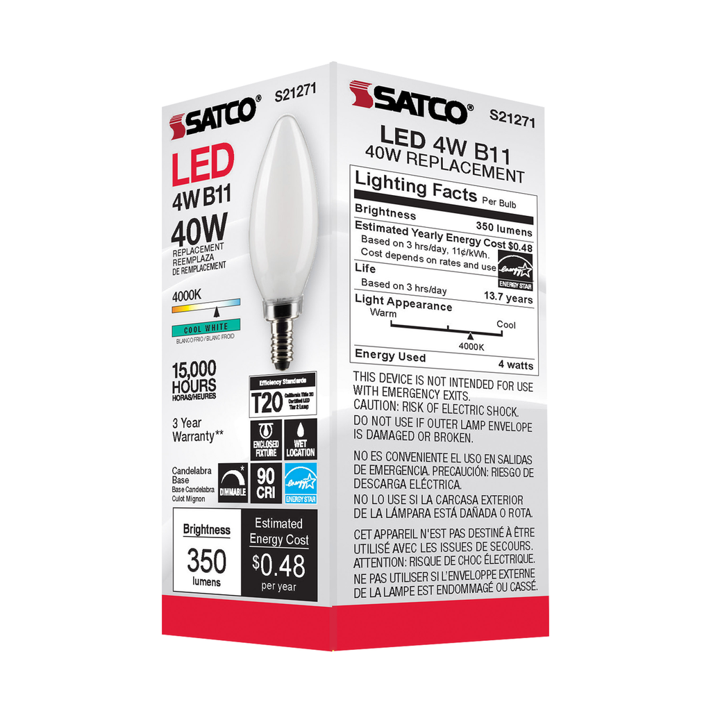 4 Watt B11 LED; Frost; Candelabra base; 90 CRI; 4000K; 120 Volt