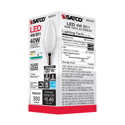 4 Watt B11 LED; Frost; Candelabra base; 90 CRI; 4000K; 120 Volt