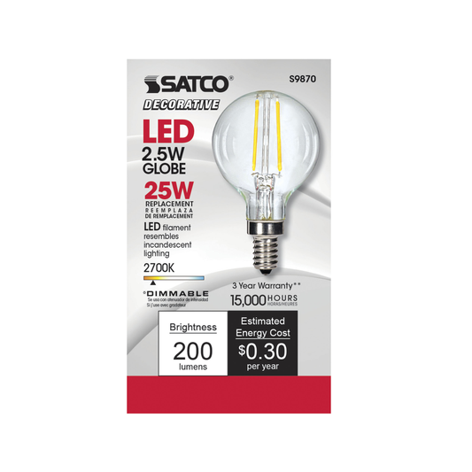 2.5 Watt G16.5 LED; Clear; Candelabra base; 2700K; 200 Lumens; 120 Volt