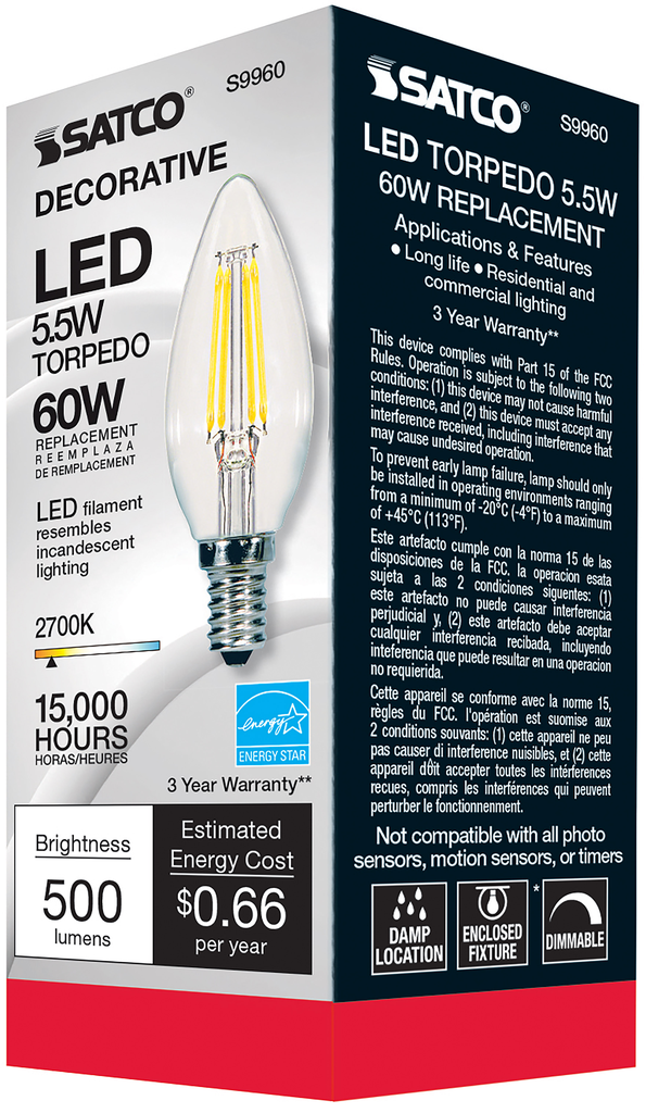 5.5 Watt B11 LED; Clear; Candelabra base; 2700K; 500 Lumens; 120 Volt