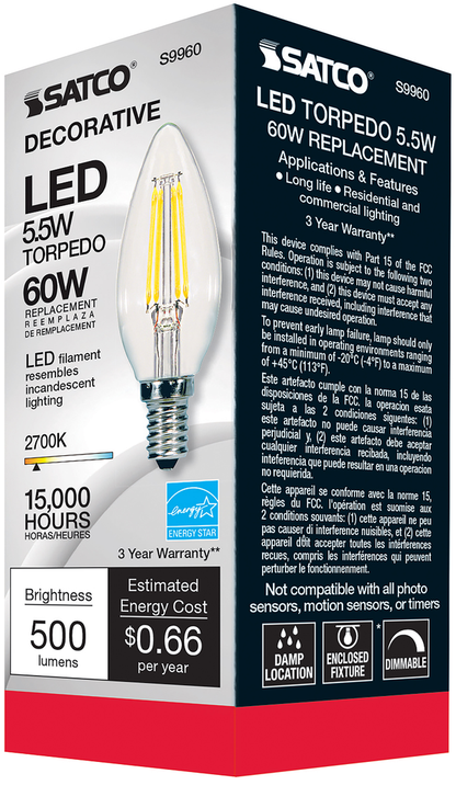 5.5 Watt B11 LED; Clear; Candelabra base; 2700K; 500 Lumens; 120 Volt