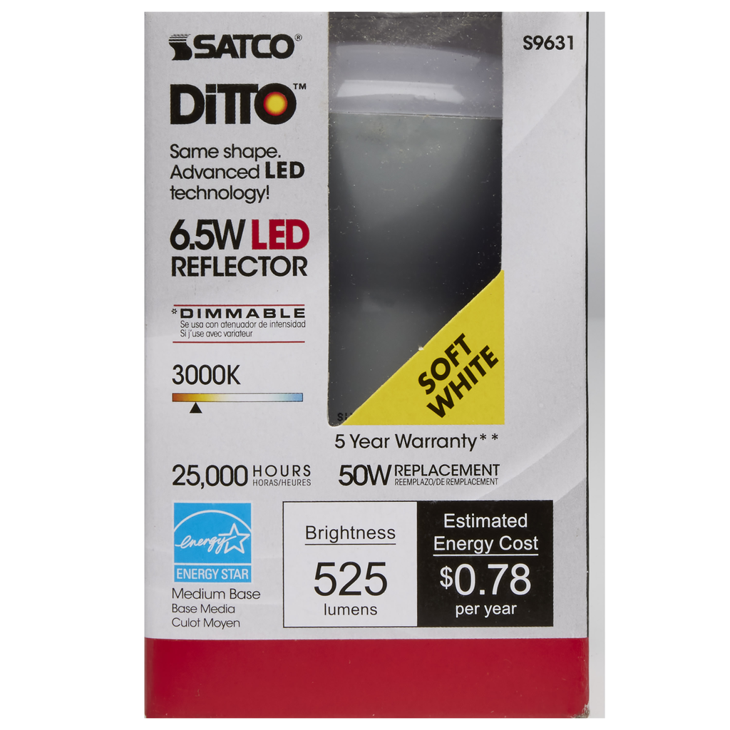 6.5 Watt; LED R20; 3000K; 107 deg. Beam Angle; Medium base; 120 Volt; Dimmable