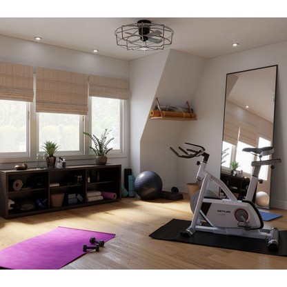 33" Four-blade Galvanized ceiling fan with open-cage design.