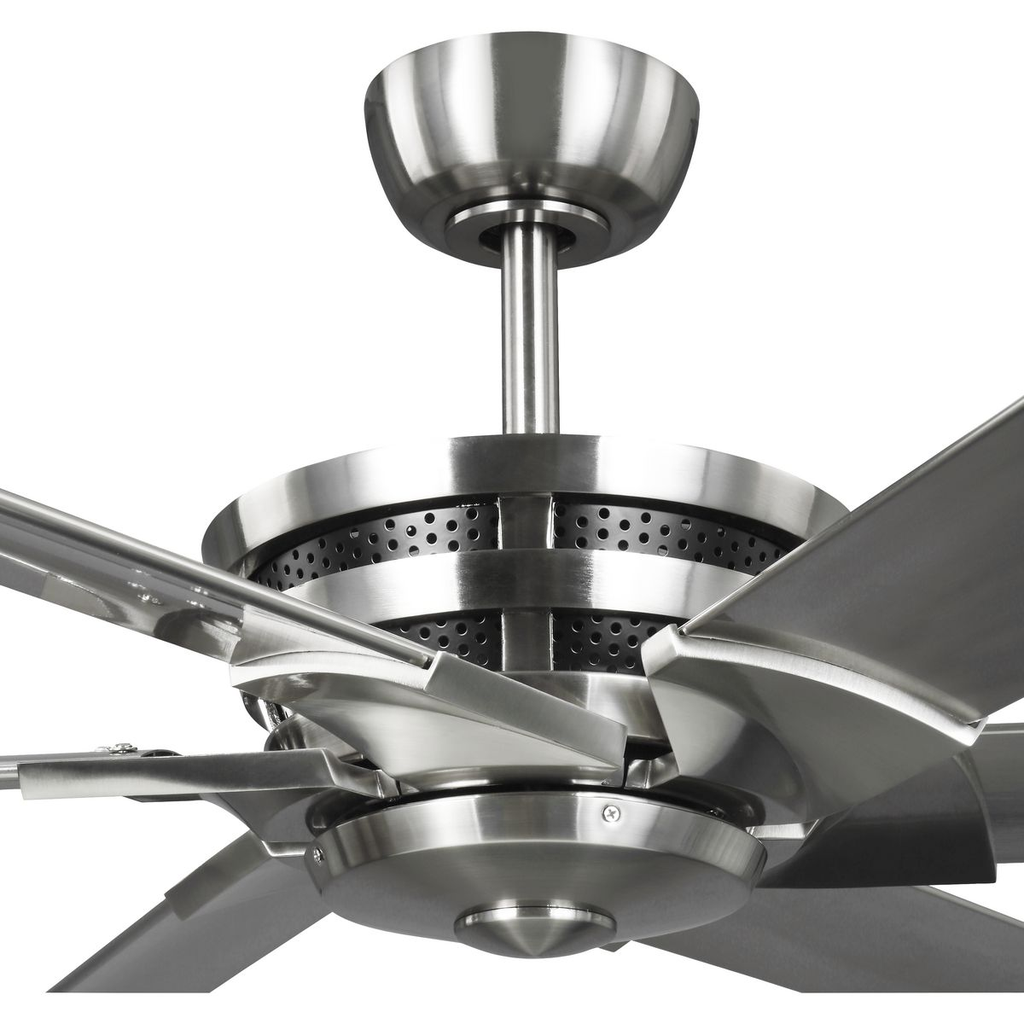 Brushed nickel ceiling fan with dual mount center.