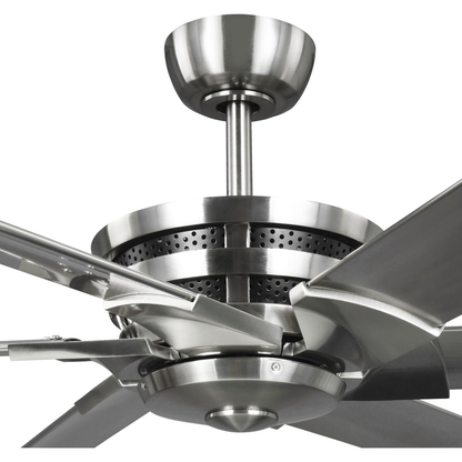 Brushed nickel ceiling fan with dual mount center.