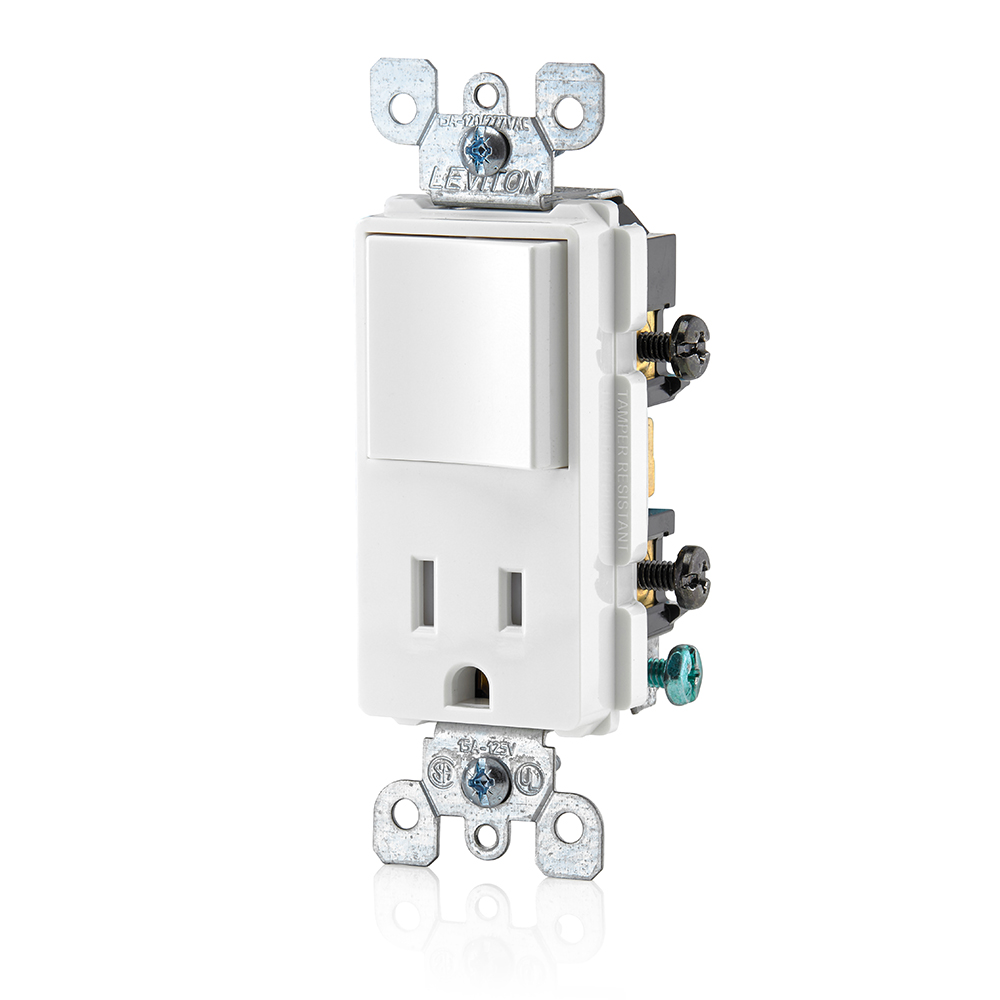 15 Amp Decora Single-Pole Switch, Outlet/Receptacle, Combination Device, Grounding, White