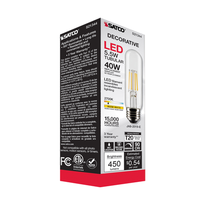 5.5 Watt T10 LED; Clear; Medium base; 90 CRI; 2700K; 120 Volt