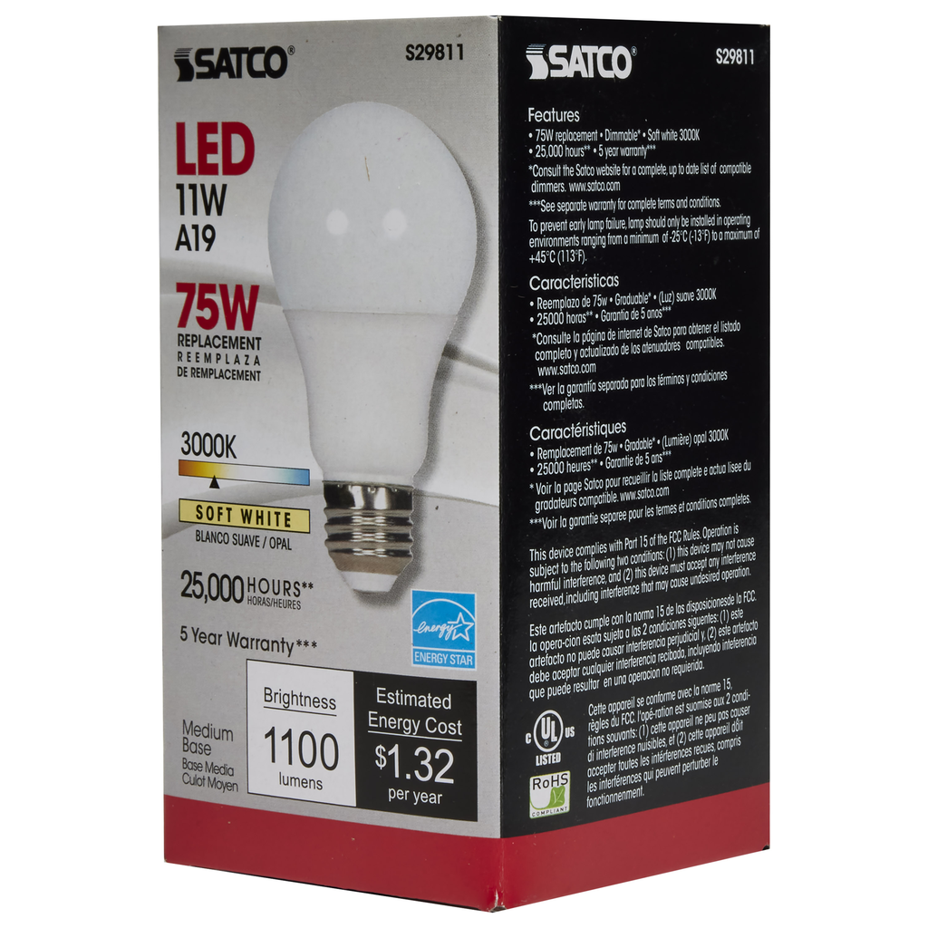 11 Watt; A19 LED; 3000K; Medium base; 220 deg. Beam Angle; 120 Volt
