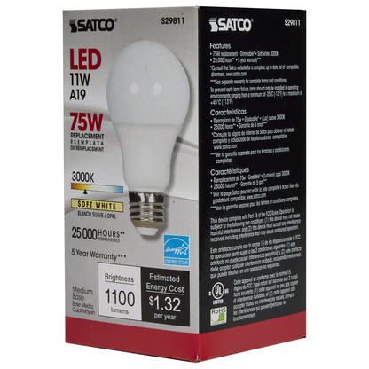 11 Watt; A19 LED; 3000K; Medium base; 220 deg. Beam Angle; 120 Volt