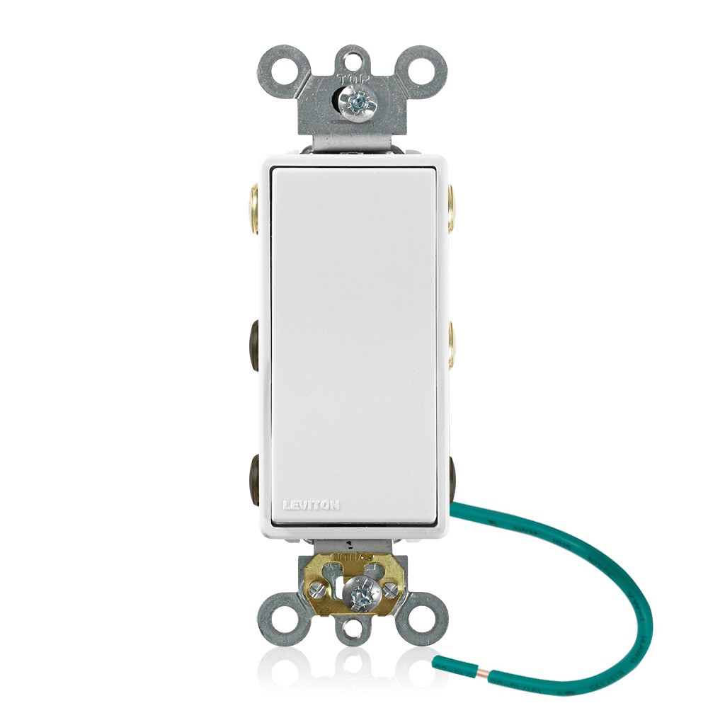 15 Amp, 120/277 Volt, Decora Plus Rocker Double-Throw Ctr-OFF Maintained Contact Double-Pole AC Quiet Switch,  Commercial Spec Grade, Self Grounding, Back & Side Wired, - White