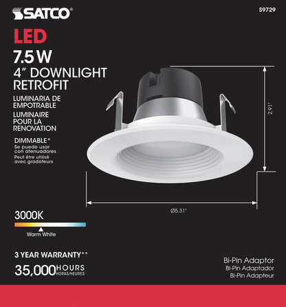 7.5 watt LED Downlight Retrofit; 4'' Baffle; 3000K; GU5.3 socket for MR16 retrofit; 12 volts