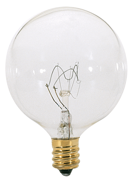 60 Watt G16 1/2 Incandescent; Clear; 2500 Average rated hours; 642 Lumens; Candelabra base; 130 Volt