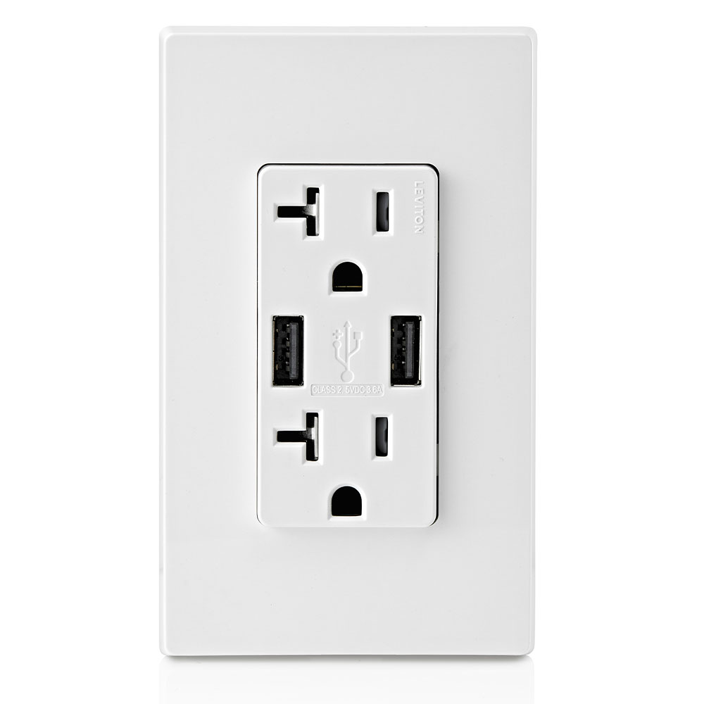 3.6A USB Type-A/Type-A Wall Outlet Charger with 20A Tamper-Resistant Receptacles