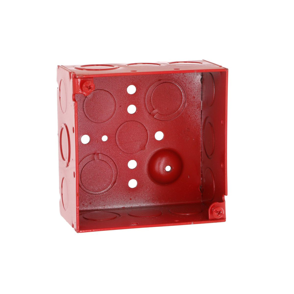 4 in. Life Safety Squ Box, Welded, 2-1/8 in. Deep, Eleven 1/2 in. KO's and Six TKO's, Red