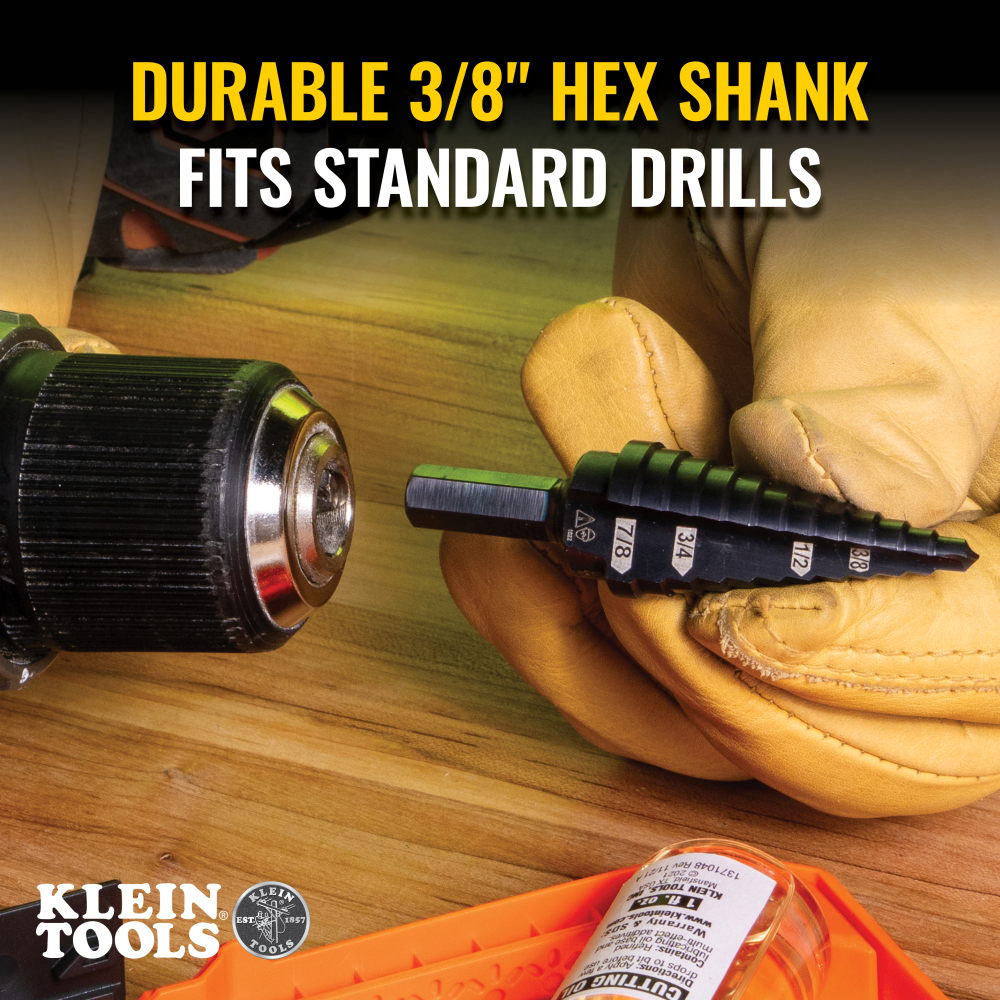 12-Step Drill Bit, 3/8-Inch Hex, Double Straight Flute, 3/16-Inch to 7/8-Inch