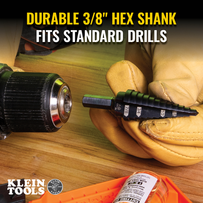 12-Step Drill Bit, 3/8-Inch Hex, Double Straight Flute, 3/16-Inch to 7/8-Inch