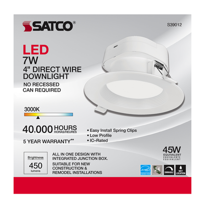 7 watt LED Direct Wire Downlight; 4 inch; 3000K; 120 volt; Dimmable