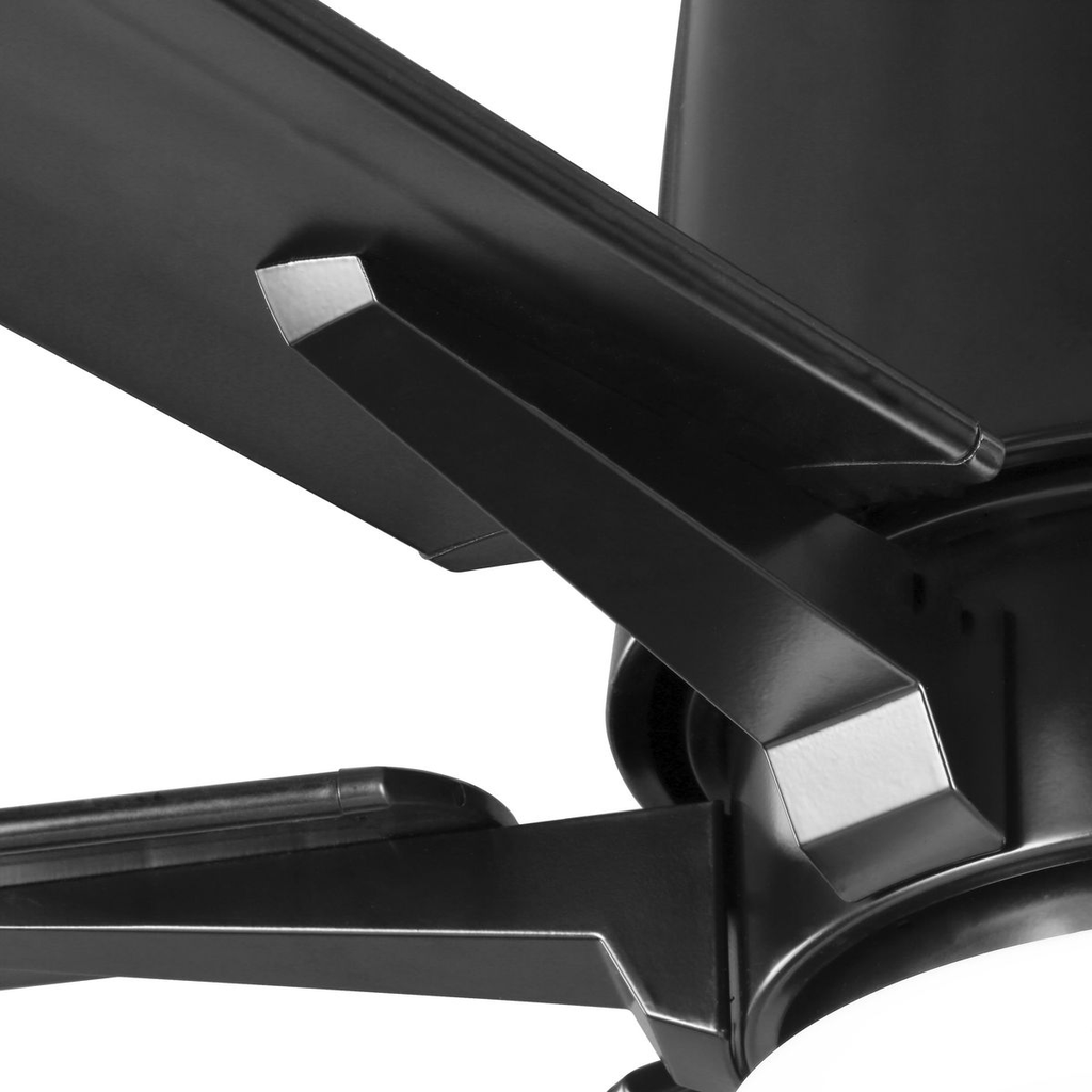Black-finished ceiling fan with white opal shade.