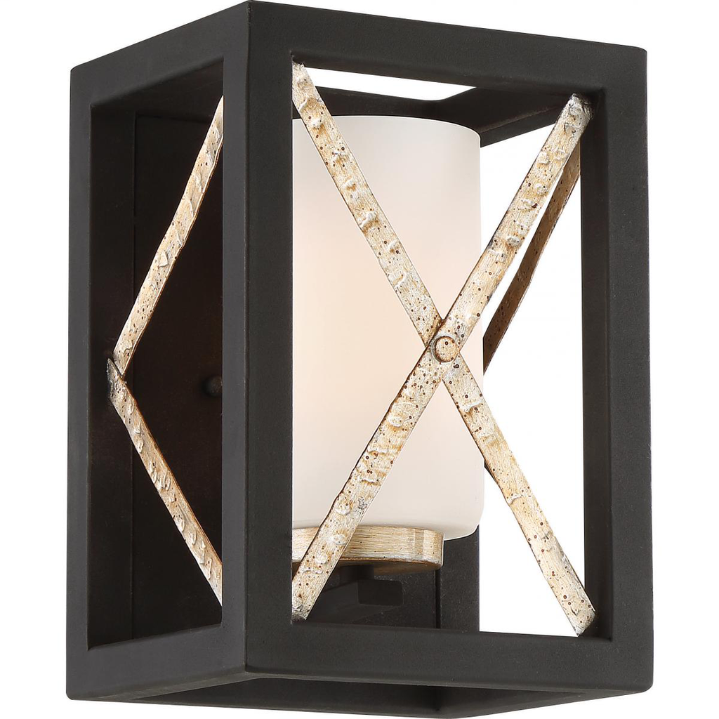 Boxer - 1 Light Wall Sconce with Satin White Glass - Matte Black Finish with Antique Silver Accents