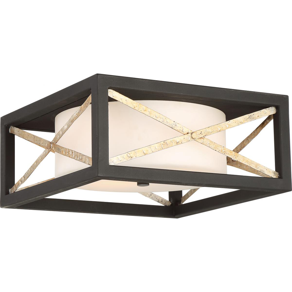 Boxer - 2 Light Flush Fixture with Satin White Glass - Matte Black Finish with Antique Silver Accents