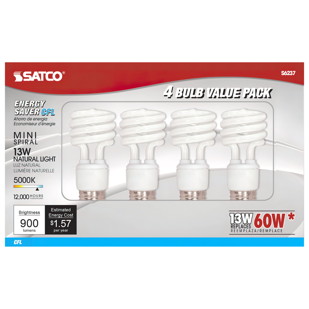 13 Watt; Mini Spiral Compact Fluorescent; 5000K; 82 CRI; Medium base; 120 Volt; 4-pack