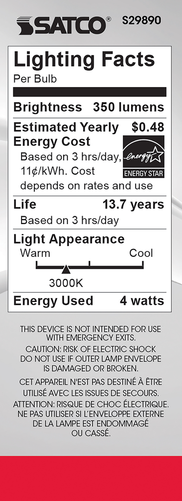 4 Watt B11 LED; Clear; Candelabra base; 3000K; 350 Lumens; 120 Volt