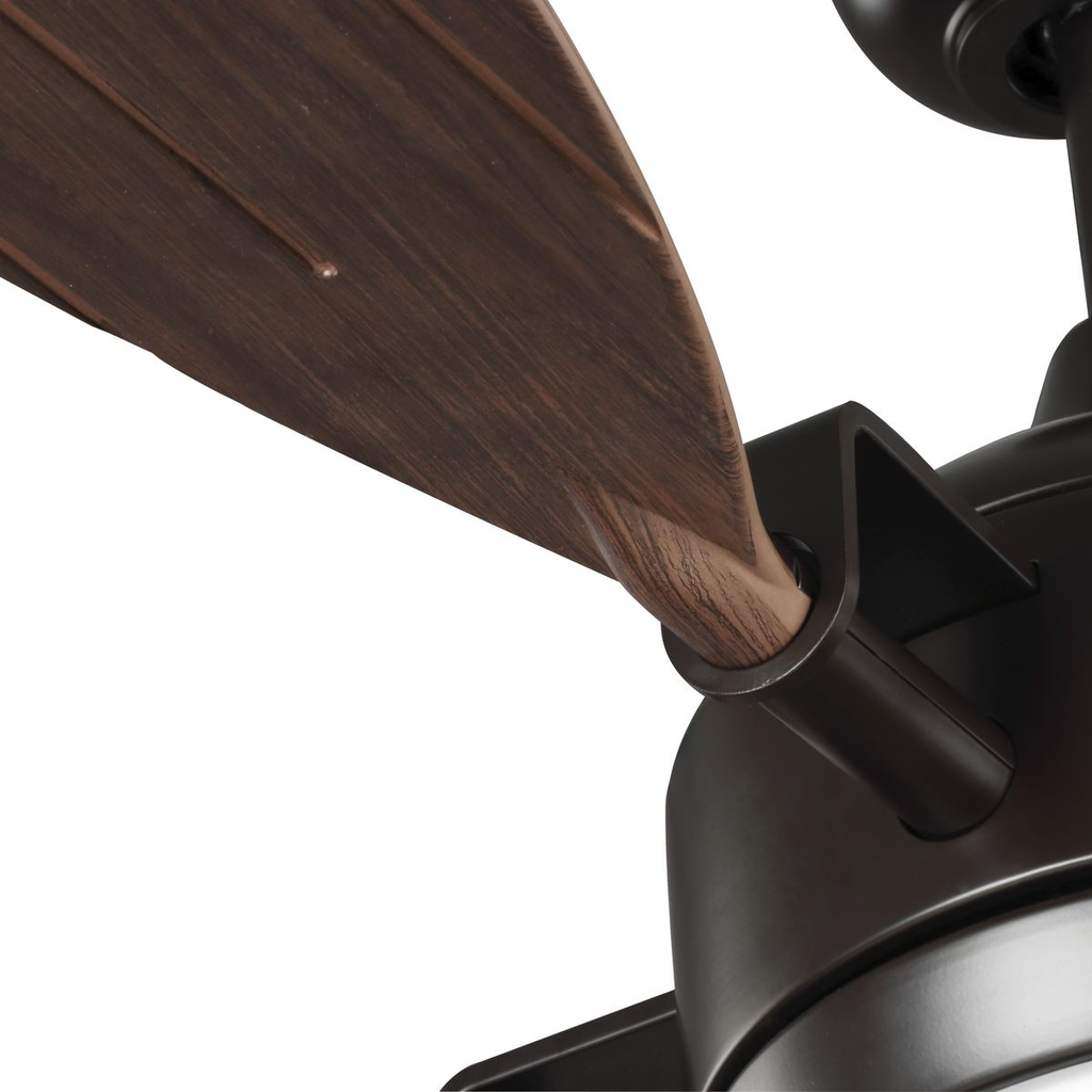 Architectural bronze-finished ceiling fan with opal shade.