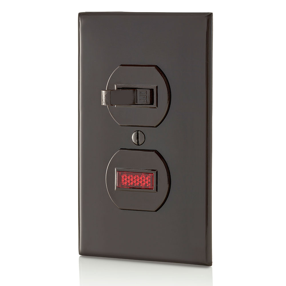 15 Amp, 120 Volt, Duplex Style Single-Pole / Neon Pilot AC Combination Switch, Commercial Grade, Non-Grounding, Side Wired , Brown