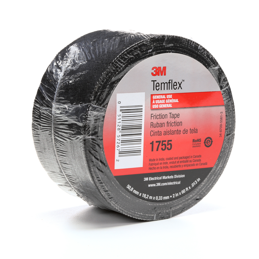 3M Temflex Cotton Friction Tape 1755, 2 in x 60 ft, Black, 30 rolls/Case