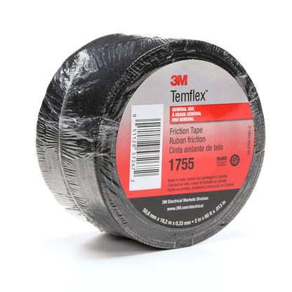3M Temflex Cotton Friction Tape 1755, 2 in x 60 ft, Black, 30 rolls/Case