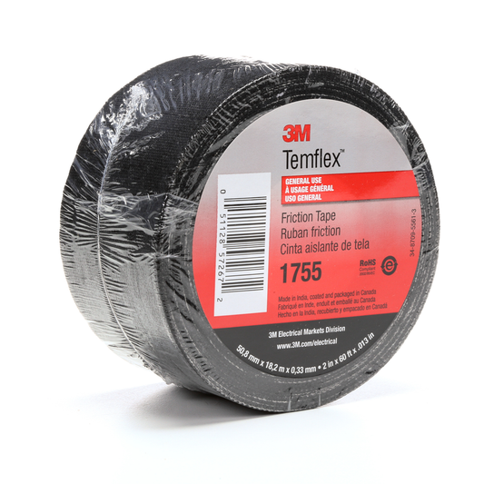 3M Temflex Cotton Friction Tape 1755, 2 in x 60 ft, Black, 30 rolls/Case
