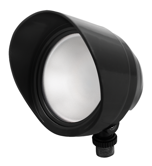 BULLET FLOOD 12W WARM LED 120V W/ HOOD & LENS BLACK