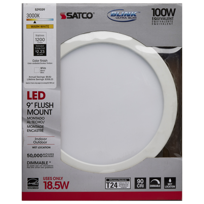 18.5 watt; 9" Flush Mount LED Fixture; 3000K; Round Shape; White Finish; 120 volts